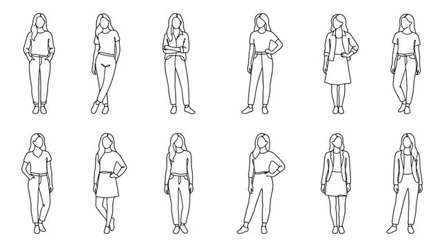 Fashionable Women Line Art Collection: Diverse Poses and Outfits