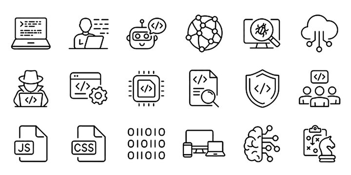Coding Icon Set. including code, software development, programmer, coder, information technology, api, developer, app and more. Editable stroke. Vector illustration.