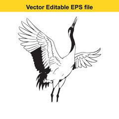 Fototapeta premium Black and white vector illustration of a majestic japanese redcrowned crane with wings spread wide, isolated on white background