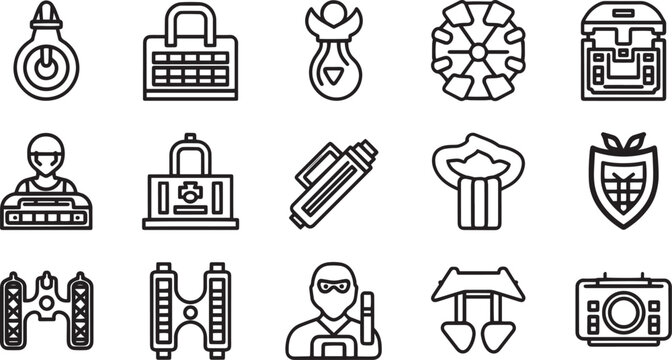 Professional Modern Sci Fi Military Tactical Game Equipment Weapons Armour Bomb Medkit Spy Cyberpunk Line Icons Set for Gaming Interface