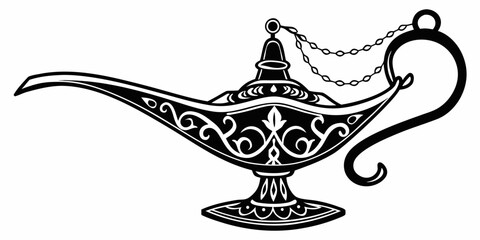 Black magic lamp silhouette with ornate base, isolated on white background, genie lamp © RABBY