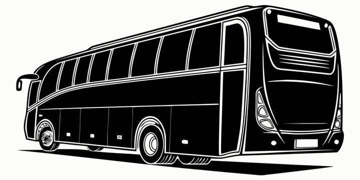 Black vintage bus silhouette isolated on white background, black bus