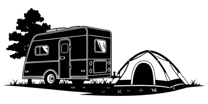 Black vintage camper van parked beside canvas tent silhouette, monochrome black camper van