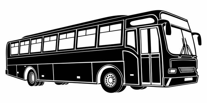 Black vintage bus silhouette, isolated on white background, side view black bus