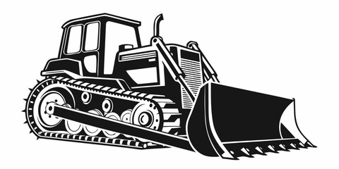 Heavy-duty black bulldozer silhouette, isolated on white, industrial machinery heavy machinery © RABBY