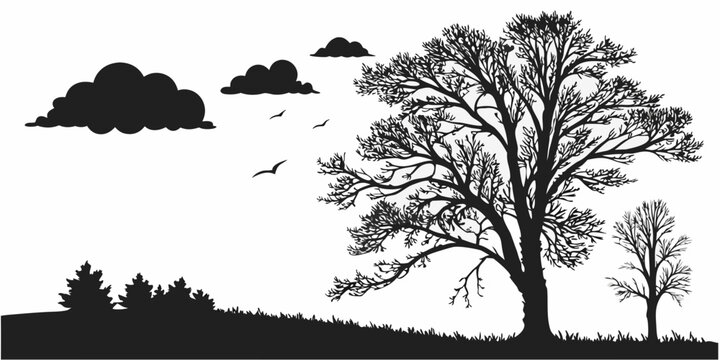 Dark storm clouds loom over silhouetted trees and landscape at dusk twilight
