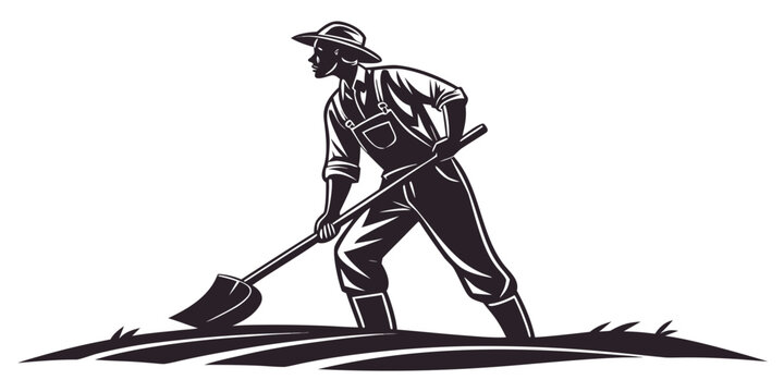 Farmer silhouette holding shovel, black and white isolated agriculture