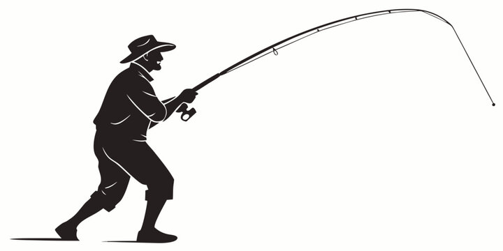 Fisherman casting fishing rod silhouette against white background, fisherman silhouette