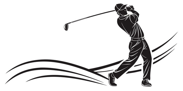 Golfer in black silhouette swinging golf club, isolated golf swing black and white