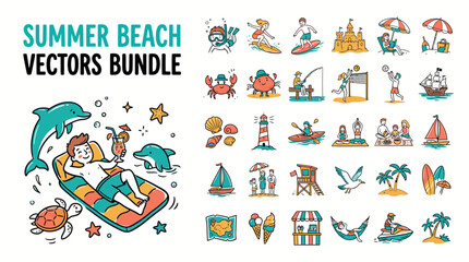 Obraz premium Summer beach vectors bundle, hand drawn tropical vacation icons set, colorful doodle illustrations of sea travel and ocean activities