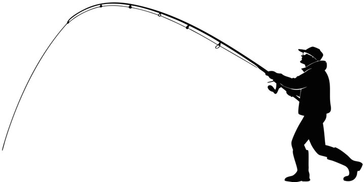 Silhouette of man casting fishing line under crescent moon at dusk fishing rod