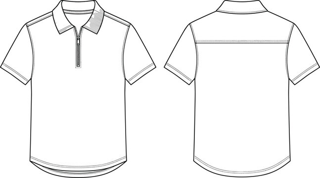 Technical Flat Sketch of Short Sleeve Polo Shirt with Zipper Placket and Yoke Seam