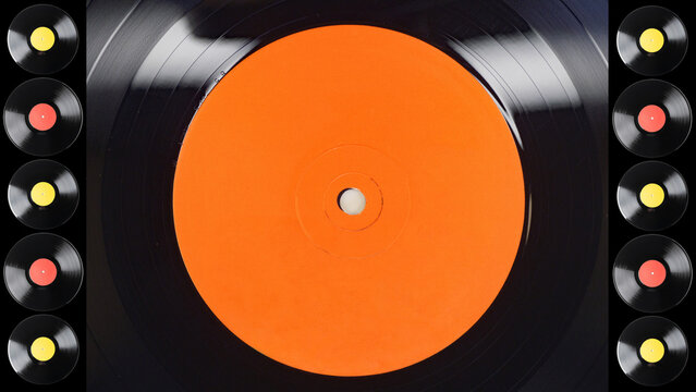 Close up of orange label vinyl record background