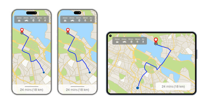 Smart Device GPS Navigation Vector with Smartphone, Foldable Phone, Tablet Route Map, Car Navigation, Distance Tracking and Travel Directions