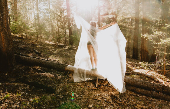 woman standing on a log in the forest