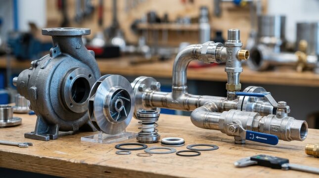 Centrifugal pump components, mechanical seal, gaskets, piping, valves, and couplings arranged on a clean workbench for process system engineering.