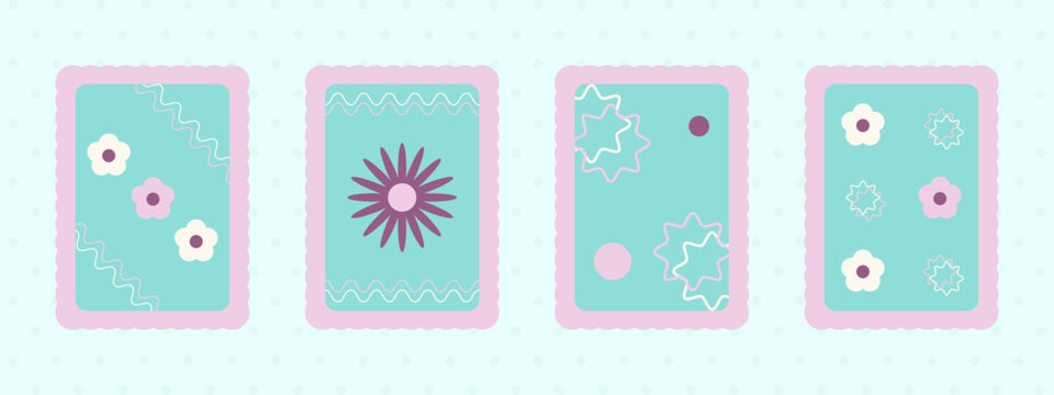 Cute pastel postage stamp collection, whimsical aesthetic floral cards set with wavy scalloped frames