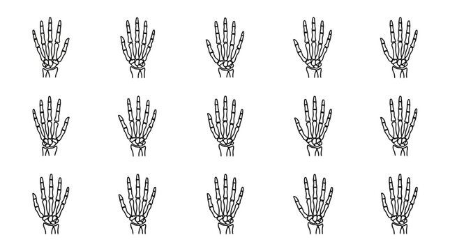 Seamless pattern of skeleton hands, black and white illustration, medical, anatomy, halloween