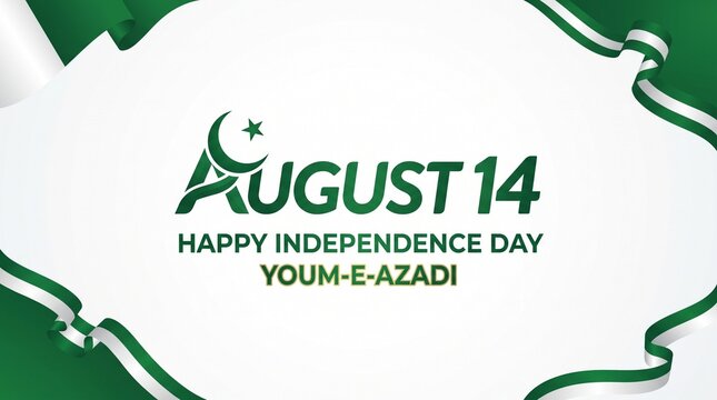 Pakistan Independence Day design with white center bordered by green ribbon edges, text &ldquo;AUGUST 14 HAPPY INDEPENDENCE DAY YOUM‑E‑AZADI,&rdquo; crescent and star stylized in letter A, patriotic clean composi