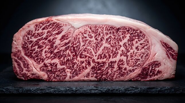 Raw Japanese Wagyu beef striploin steak with intense marbling on a dark slate plate