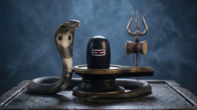 Nag Panchami Background with Shiva Lingam and Cobra Snake.