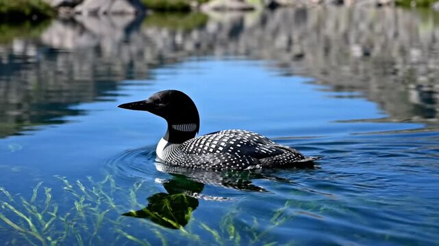 Graceful Common Loon Floating on Crystal Clear Blue Water with Reflection of Rocky Mountains in Background