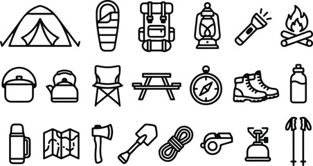Set of camping icons featuring tent backpack campfire and outdoor gear isolated on a white background for travel design. © SAYEDUR