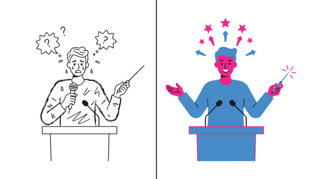 Public speaking performance showing a transformation from a nervous individual to a confident presenter behind a podium.
