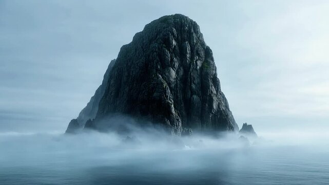 Large sea stack rising from ocean. Dramatic rocky island surrounded by thick morning fog.