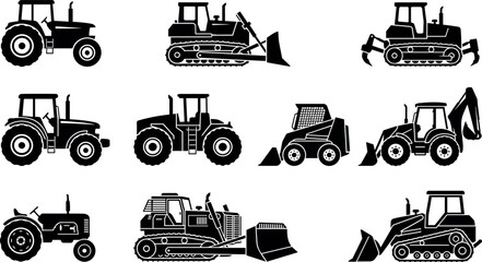 Bulldozer Icon Set of Black Industrial Machinery Silhouettes for Construction Equipment Concepts and Design Templates © Karima Khatun 