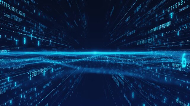 Digital number corridor visual with blue glowing data walls, fast perspective depth, and wave motion floor. Perfect for big data videos, cyber screens, analytics intros, software promos, and overlays.
