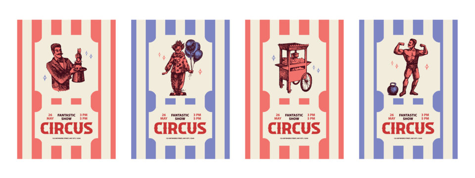 Hand drawn retro circus show banner set. Vintage sketch vector illustration. Carnival and amusement posters