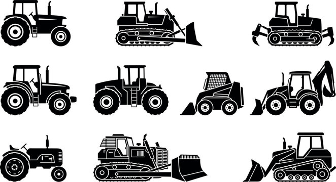 Bulldozer Icon Set of Black Industrial Machinery Silhouettes for Construction Equipment Concepts and Design Templates