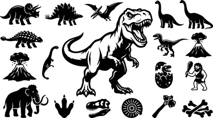 Dinosaur Icons Set with Prehistoric Animals, Claws, Teeth and Landscape Elements for Education and Design Concepts © Karima Khatun 