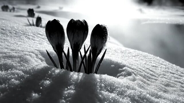 Black and White Springtime Image of Three Crocus Flowers Emerging from Snow with Sunlight