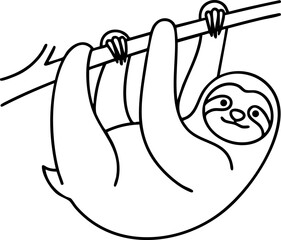 Fototapeta premium Minimalist black and white vector line art of a sloth hanging on a branch with wildlife, tropical