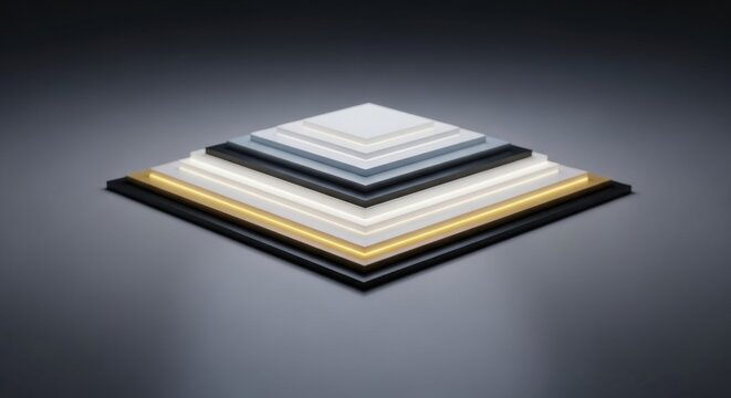 3D render of a minimalist stepped pyramid made of stacked square layers in white, black, and light blue with glowing yellow light edges on a dark gray background.