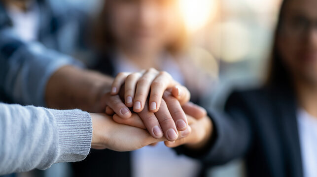 Group of faceless people stacking hands together as a symbol of unity and teamwork, corporate solidarity concept, with copy space
