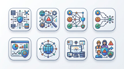 Collection of cybersecurity and network security icons with digital elements. © Muhammad