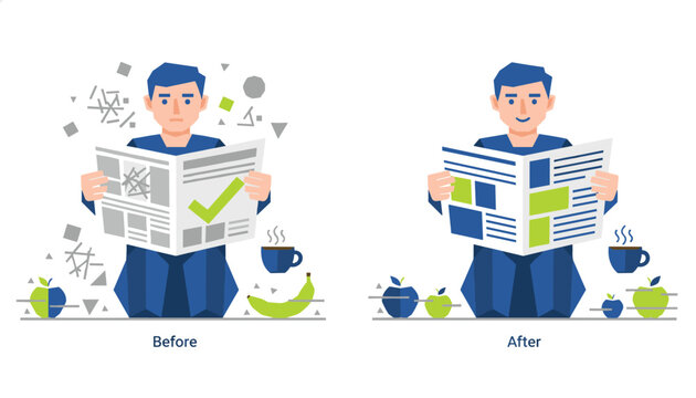 Person reads a newspaper while eating fruit and drinking coffee to illustrate improved mental focus and dietary choices before and after.