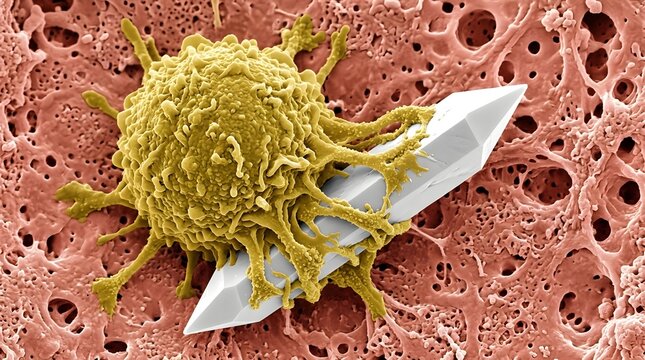 Microscopic cancer cell attacking a drug crystal, scanning electron micrograph of malignant tumor cell, medical nanotechnology and oncology research