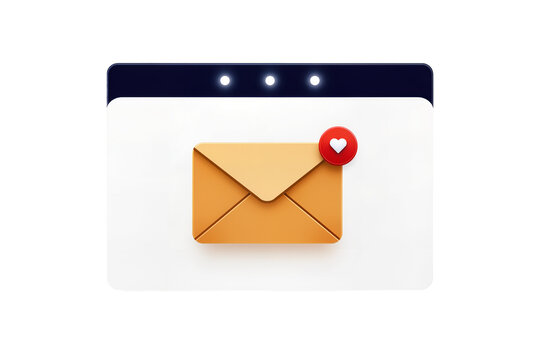 Isolated 3D render of mail envelope icon with heart notification, modern digital communication symbol