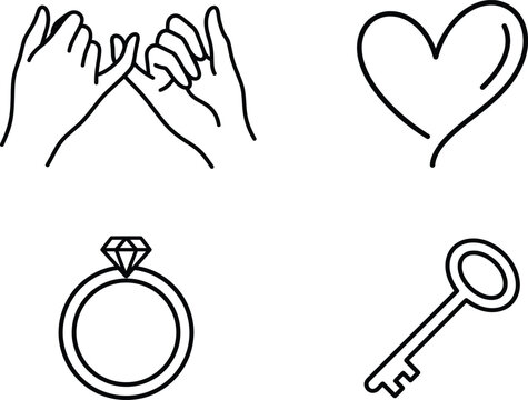 Collection of relationship symbols including pinky promise hands heart ring and skeleton key for romantic connections.