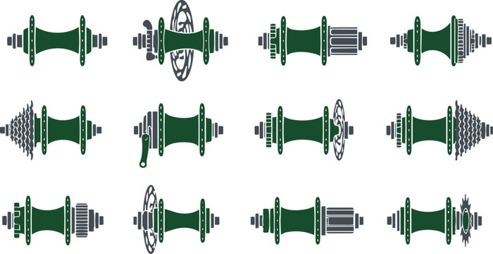 Bicycle Wheel Hubs Vector Icons Set. Green Grey Bike Components.