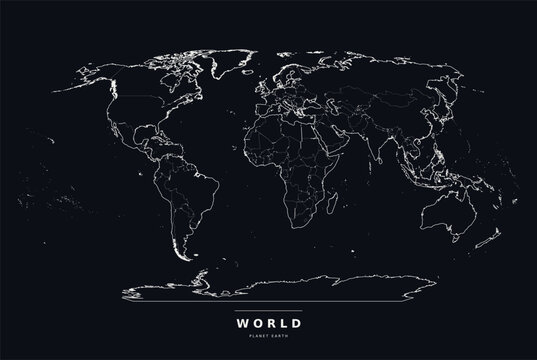 World Map on Black, White Robinson Projection Borders, Editable Vector