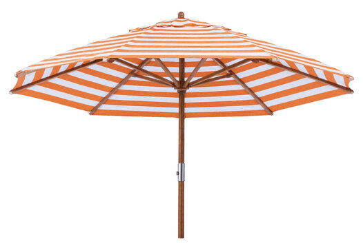 Orange and white striped beach umbrella with wooden pole