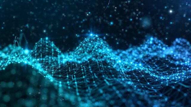 Abstract digital data wave background, with glowing blue, particles and network, connections for technology, and science presentations