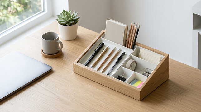 Organized wooden desk organizer with stationery on a modern office table