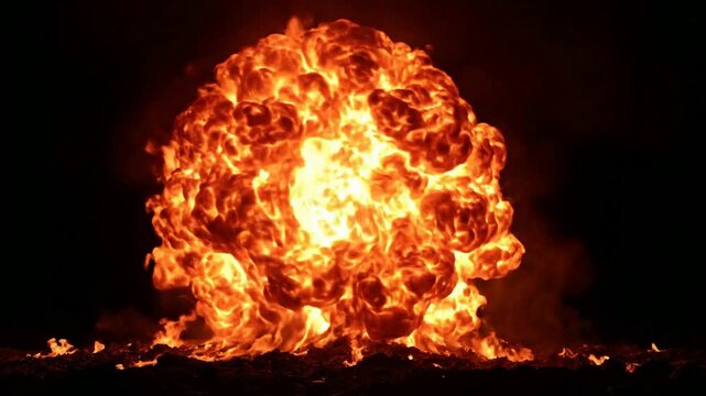 Massive fireball explosion isolated on black background, high-intensity pyrotechnic blast effect for action and special effects visuals