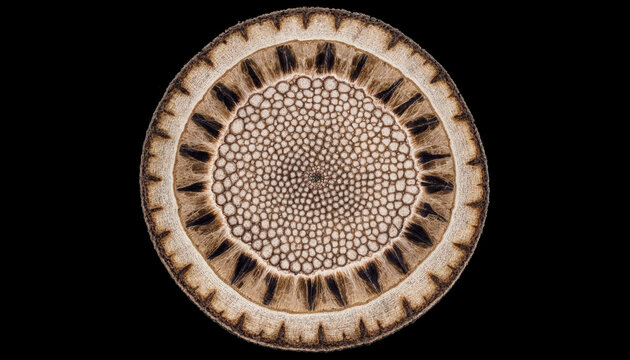 Microscopic cross section of a plant stem showing a circular pattern of vascular bundles and cellular structures against a dark background